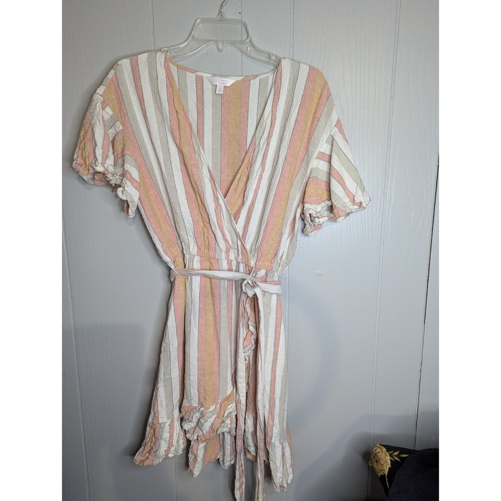 LC Lauren Conrad L summer spring dress v-neck ruffle accent tie belt elastic wai
